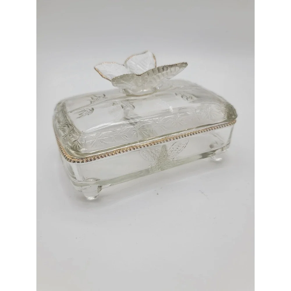 Vintage Glass Butterfly Trinket Cigarette Box /Card Set Gold Trim Vanity 3pc